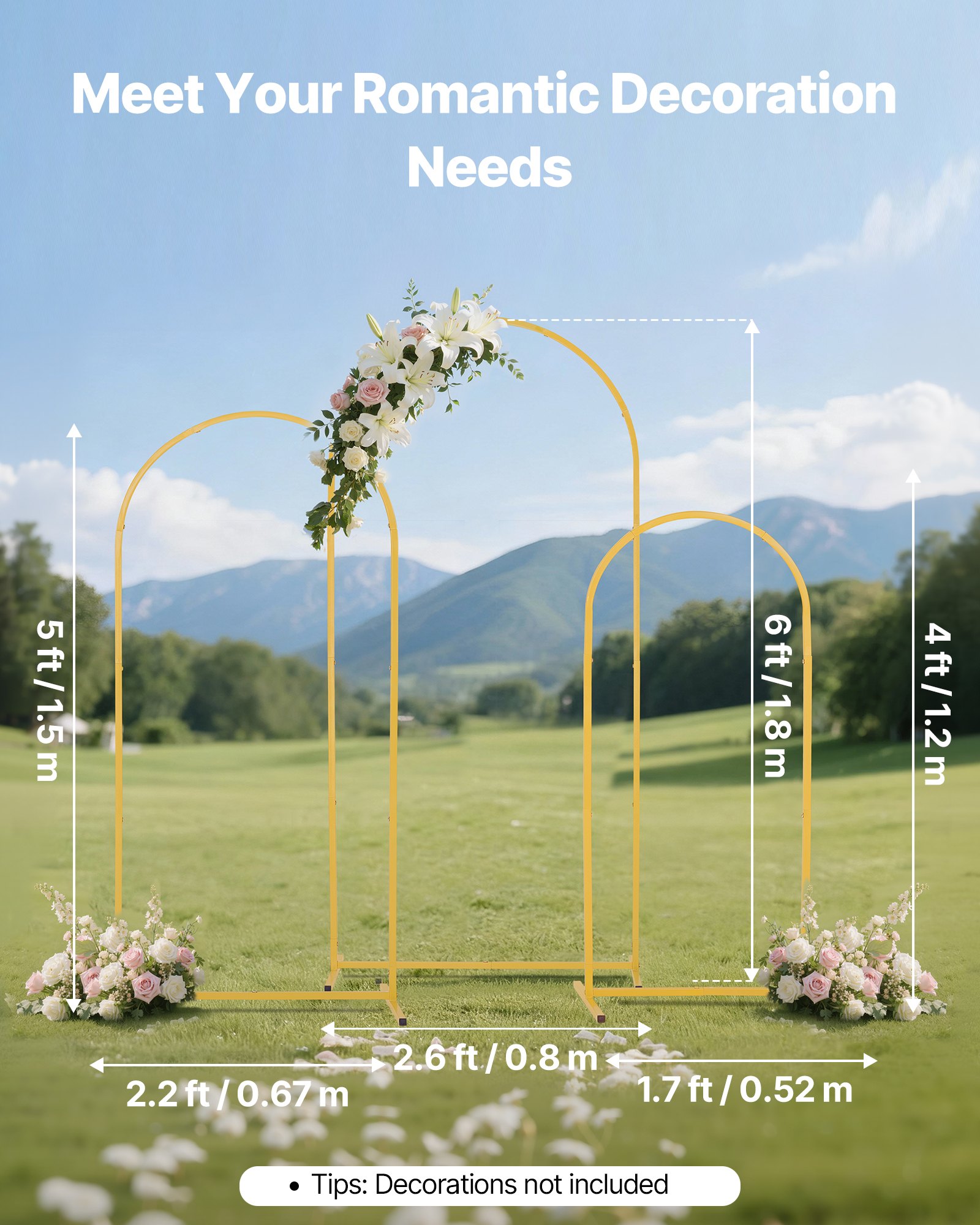 VEVOR Arch Backdrop Stand, Set of 3, 1.8/1.5/1.2 m, Stable Structure, Easy Assembly, Gold Metal Arch Backdrop Stand for Wedding, Birthday Party, Graduation, Celebration, and Ceremony Decoration