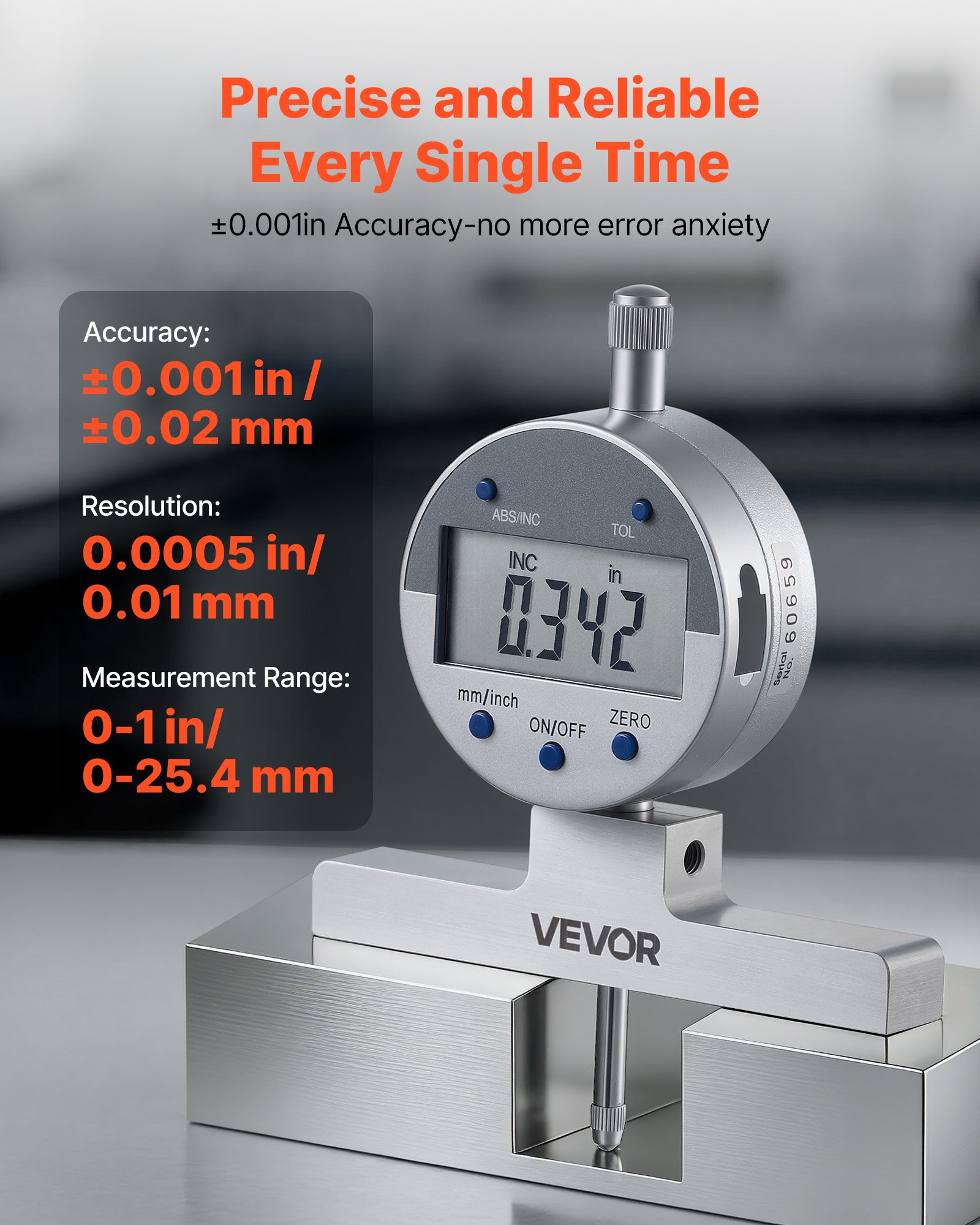 VEVOR Depth Gauge, Depth Micrometer Digital Electronic Indicator 0-558.8 mm Measuring Range, 0.01 mm Resolution, Precision Unit Conversion with 4 Anvils, Measuring Tool for Groove, Step, Hole