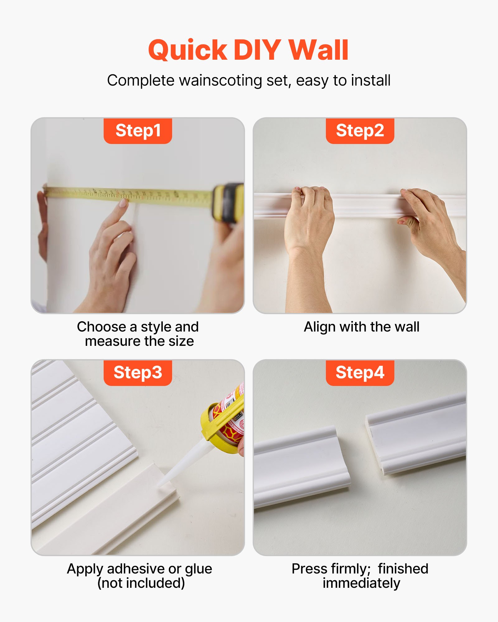 VEVOR Wall Molding Kit, Wainscoting Panels, Lightweight Paintable Polystyrene, Easy to Install,  Wide & Narrow Accent Wall Trim for Interior Décor Living Room, Bedroom, Home, White (197 x 98 cm )