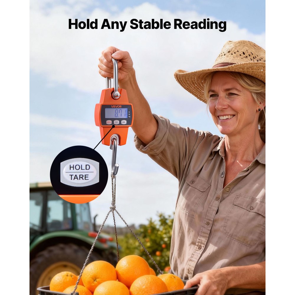 VEVOR Digital Crane Scale, 660 lbs/300 kg Max Capacity, Handheld Hanging Scale with Cast Aluminum Case & LCD Display, 50 g Division & 3 Unit Switch, Portable Design for Farm Hunting Fishing, Orange