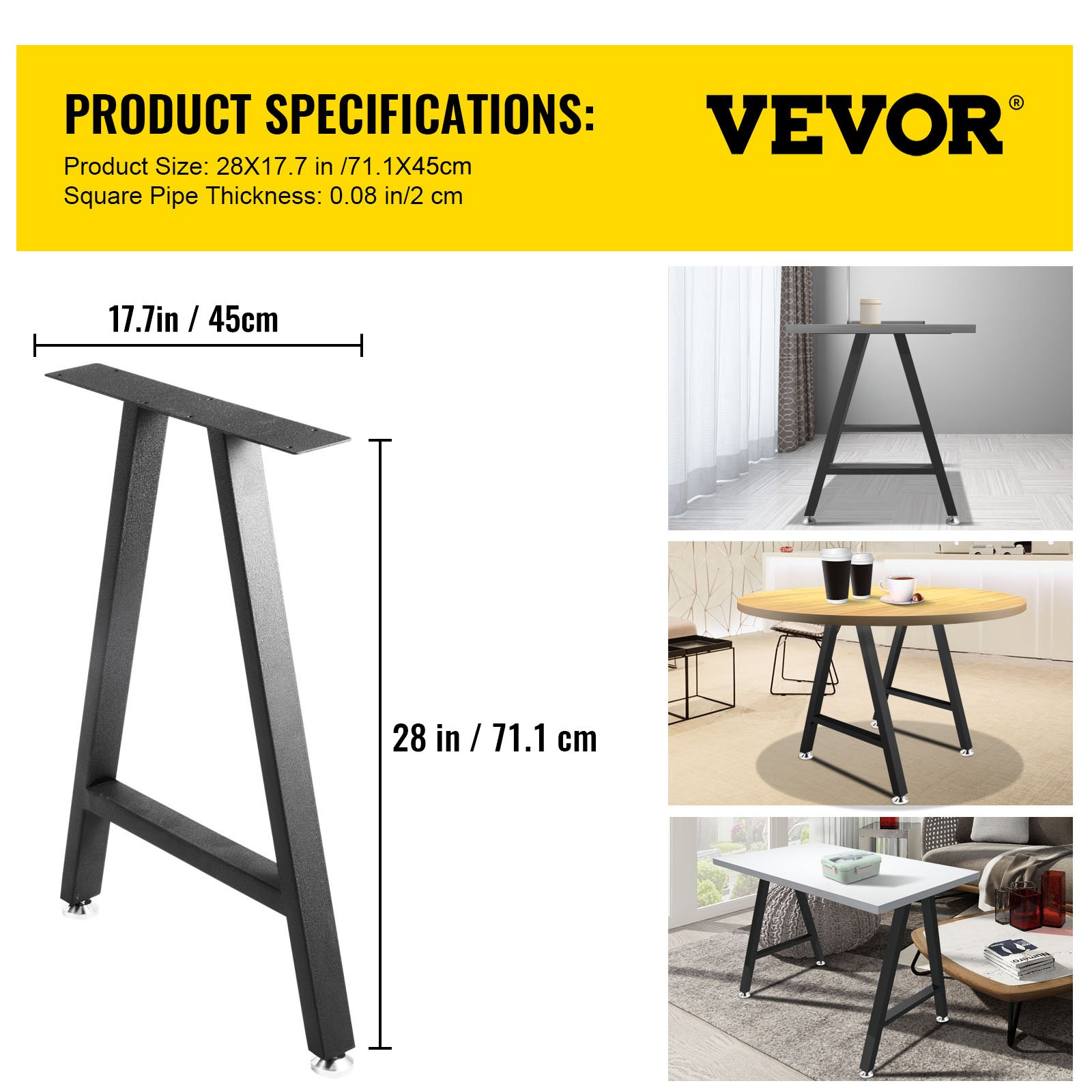 VEVOR Metal Table Legs 28 x 17.7 inch A-Shaped Desk Legs Set of 2 Heavy Duty Bench Legs with Polyurethane Coating, Furniture Legs with Floor Protectors, Wrought Iron Coffee Table Legs for Home DIY Bla