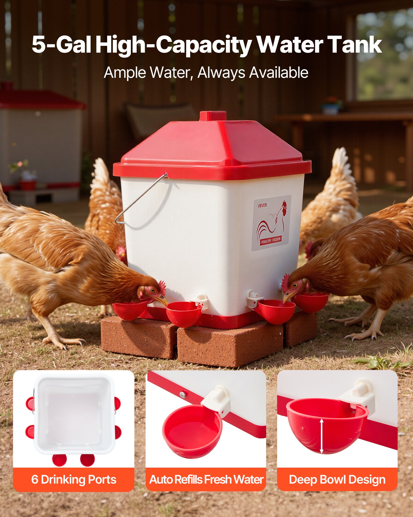 VEVOR Automatic Chicken Feeder & Waterer Set, 19 L/18.14 kg, Rain Proof Hanging Poultry Feeder with Water Cup No Waste, Automatic Gravity, Avoid Small Animals, Suitable for Chicken, Duck, Turkey