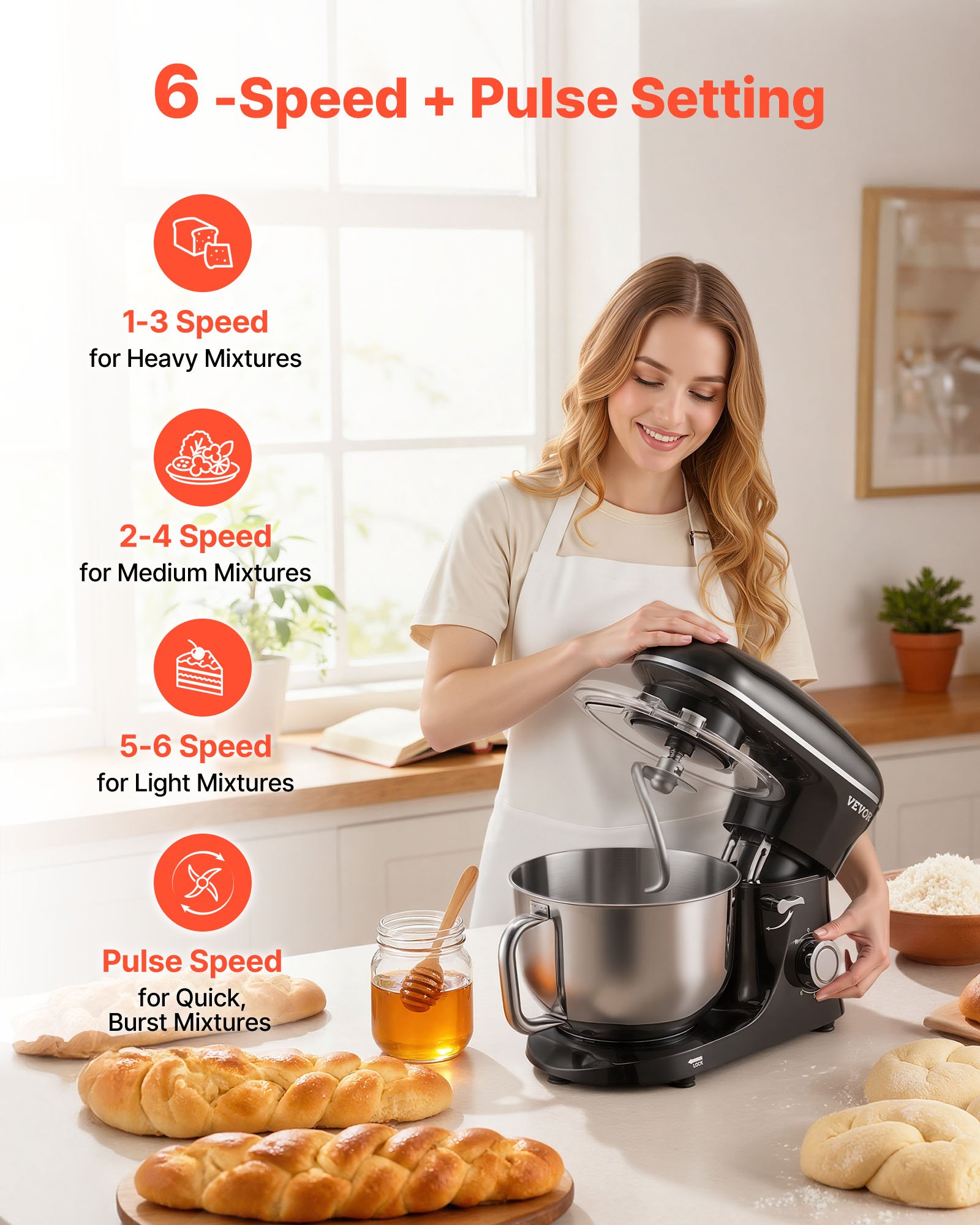 VEVOR Stand Mixer, 6 QT Dough Mixer, 1100W 6 + P Speeds Tilt-head Food Mixer with Stainless Steel Bowl, Dough Hook, Wire Whip, Flat Beater, Scraper,Household Stand Mixer for Baking, Mixing, Black