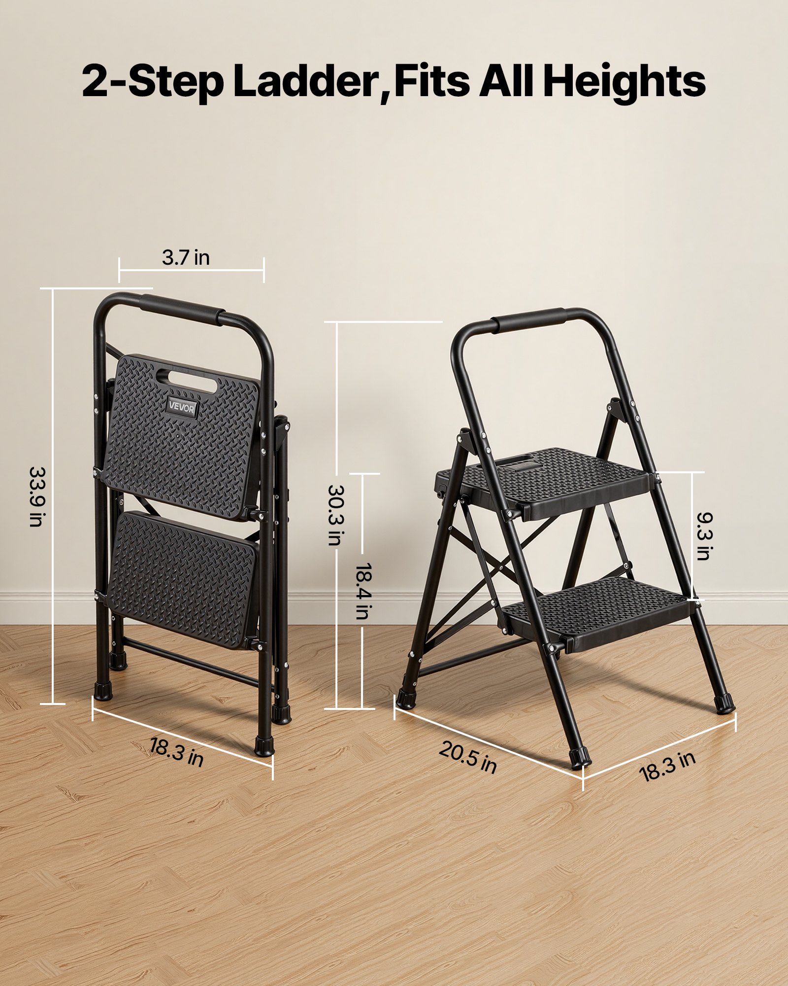 VEVOR 2 Step Ladder, Folding Step Stool with Wide Anti-Slip Pedal and Comfort Handgrip, Lightweight 272 kg Capacity Portable Steel Ladder, Multi-Use for Kitchen, Home, Household and Office, Black