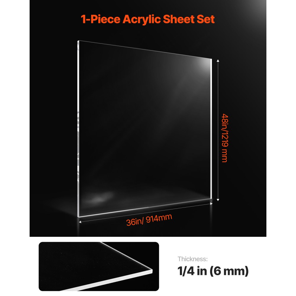 VEVOR Plexiglass Acrylic Sheet, 1 Pack Plastic Sheet, 914 x 1219 mm 6 mm Thick Clear Plastic Cast Transparent Glass for Crafting Projects, Replacement Picture Frame Glass, DIY Display, Easy to Cut