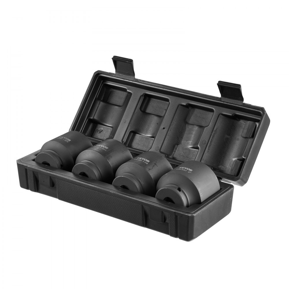 VEVOR Axle Nut Impact Socket Set, 1/2" Drive 6-Point 4-Piece SAE Spindle Nut Socket Set, CR-MO Heat Treated Large Socket Set with Storage Case, for Auto Repair, Removing or Installing Axle Nuts