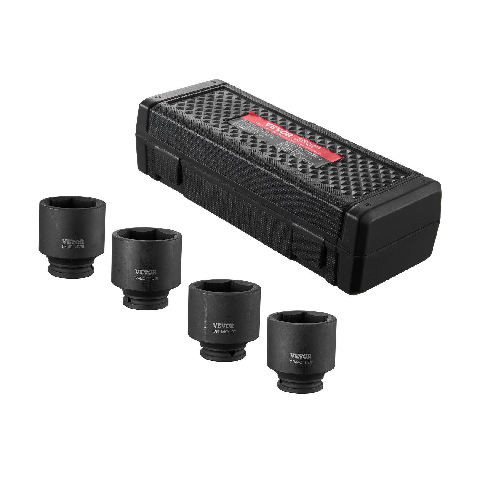 VEVOR Axle Nut Impact Socket Set, 1/2" Drive 6-Point 4-Piece SAE Spindle Nut Socket Set, CR-MO Heat Treated Large Socket Set with Storage Case, for Auto Repair, Removing or Installing Axle Nuts