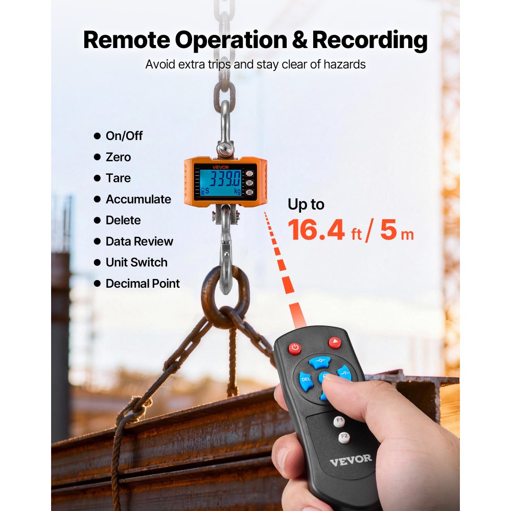 VEVOR Digital Crane Scale, 4400 lbs/2000 kg Max Capacity, Heavy Duty Industrial Hanging Scale with Cast Aluminum Case & LCD Display, 500 g Division & 3 Unit Switch, Remote Control for Garage Factory