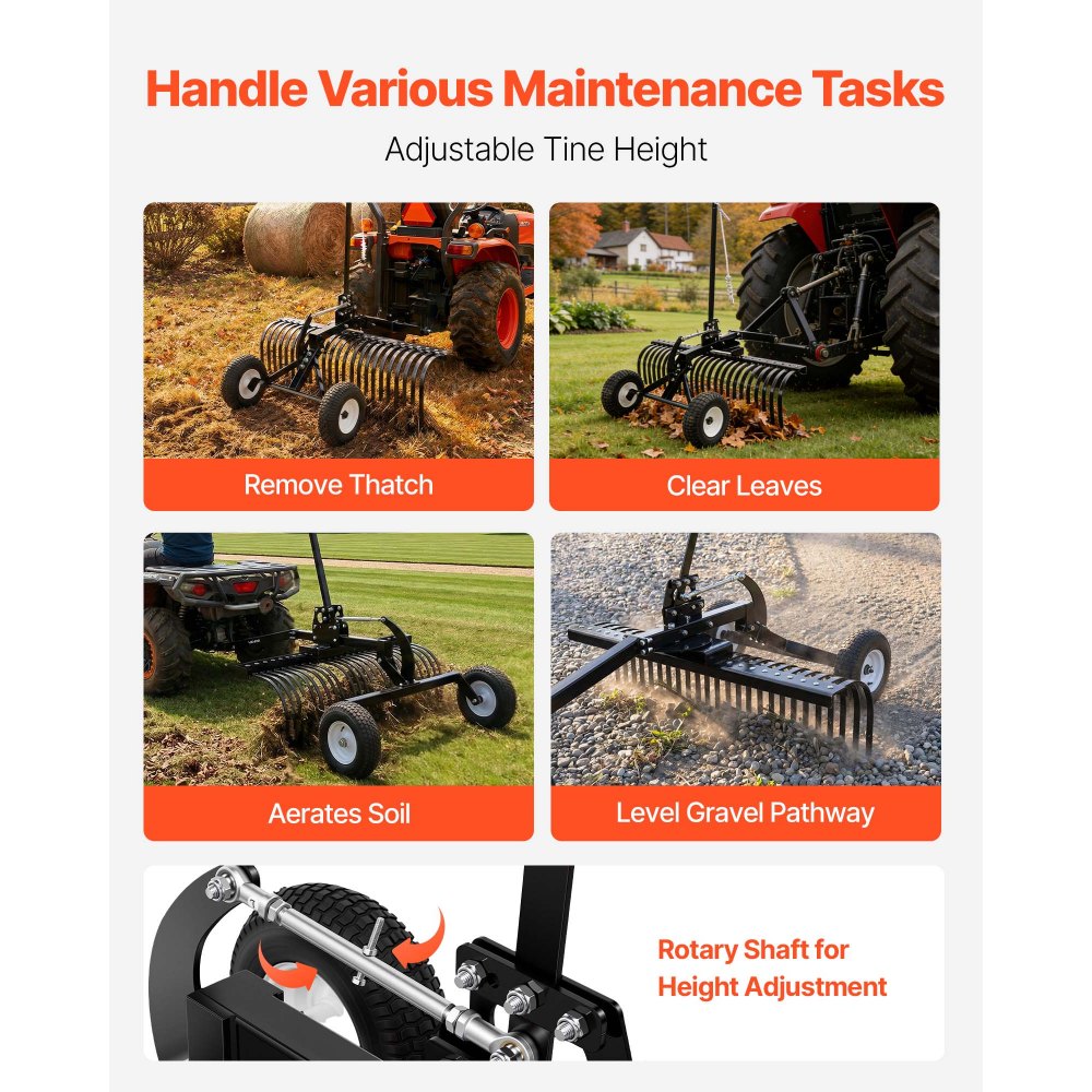 VEVOR 122 cm Tow Behind Landscape Rake, Pull Behind Lawn Rock Rakes for ATV Mower Tractors, 24 Durable Steel Tines, Adjustable Height & Angle, Heavy Duty Dethatcher Rake for Leaves Debris