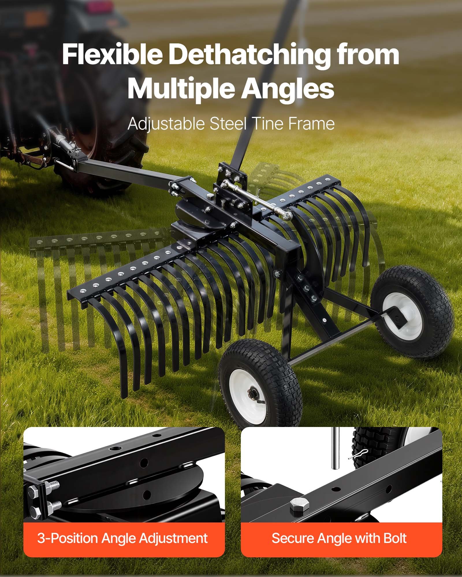 VEVOR 122 cm Tow Behind Landscape Rake, Pull Behind Lawn Rock Rakes for ATV Mower Tractors, 24 Durable Steel Tines, Adjustable Height & Angle, Heavy Duty Dethatcher Rake for Leaves Debris