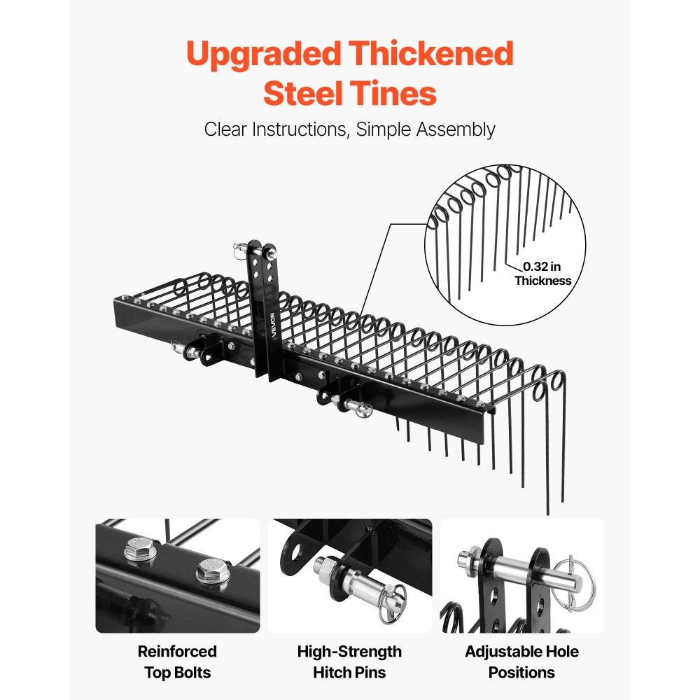 VEVOR 150 cm Tow Behind Landscape Rake, 3 Point Hitch Lawn Dethatcher Rake, 26 Spring Steel Tines, for Category 1 Tractors, Heavy Duty & Rust-Resistant Rakes Tractor Attachments for Leaves Pine Needles