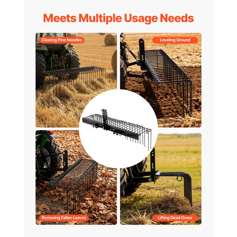 VEVOR 150 cm Tow Behind Landscape Rake, 3 Point Hitch Lawn Dethatcher Rake, 26 Spring Steel Tines, for Category 1 Tractors, Heavy Duty & Rust-Resistant Rakes Tractor Attachments for Leaves Pine Needles