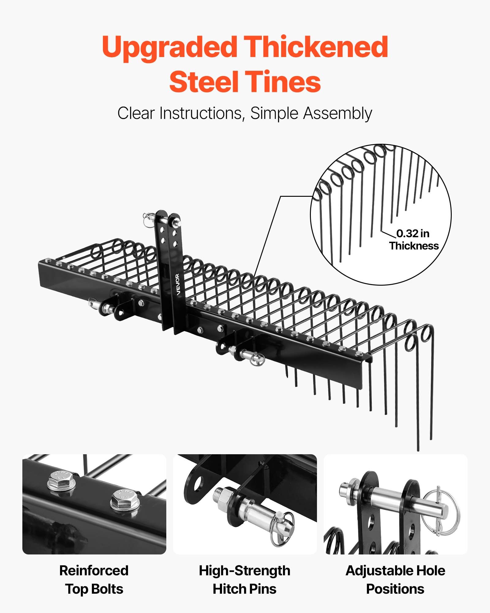 VEVOR 150 cm Tow Behind Landscape Rake, 3 Point Hitch Lawn Dethatcher Rake, 26 Spring Steel Tines, for Category 1 Tractors, Heavy Duty & Rust-Resistant Rakes Tractor Attachments for Leaves Pine Needles