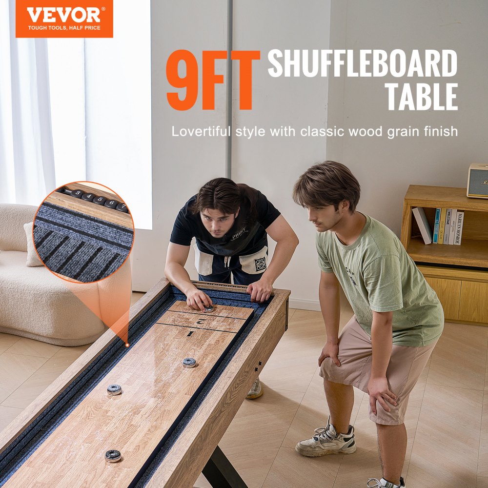 VEVOR Shuffleboard Table, 276cm Shuffleboard for Family Game Rooms, 2 in 1 Shuffleboard and Bowling Combo Game Set, with Scratch-Resistant Playfield, Legs, 8 Pucks, Bowling Set, Wax, and Table Brush