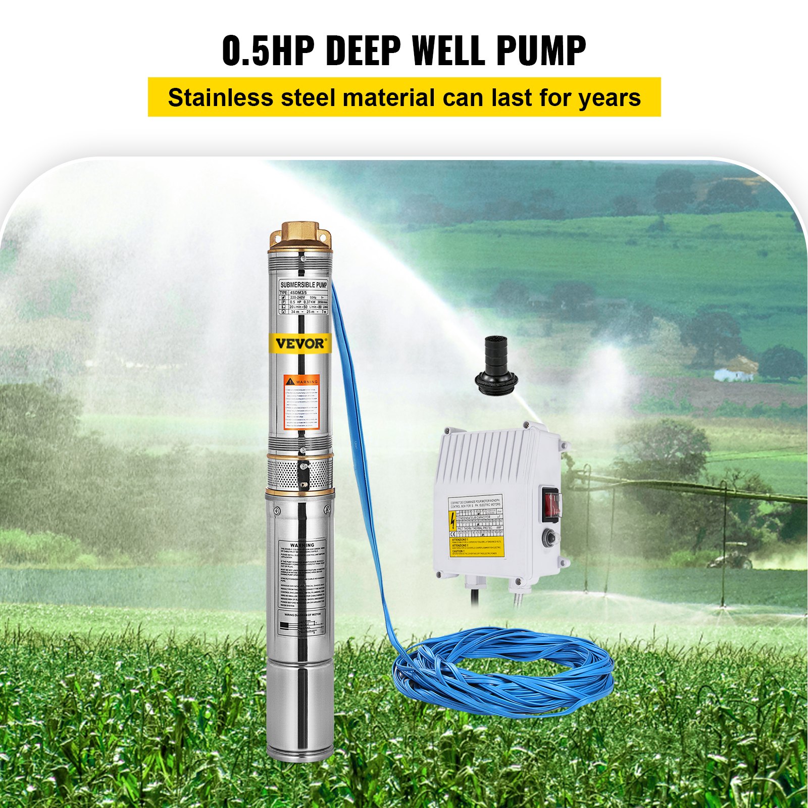 0.37 Kw 0.5hp Brunnenpumpe Tiefbrunnenpumpe ø98x632mm Edestahl Gartenpumpe