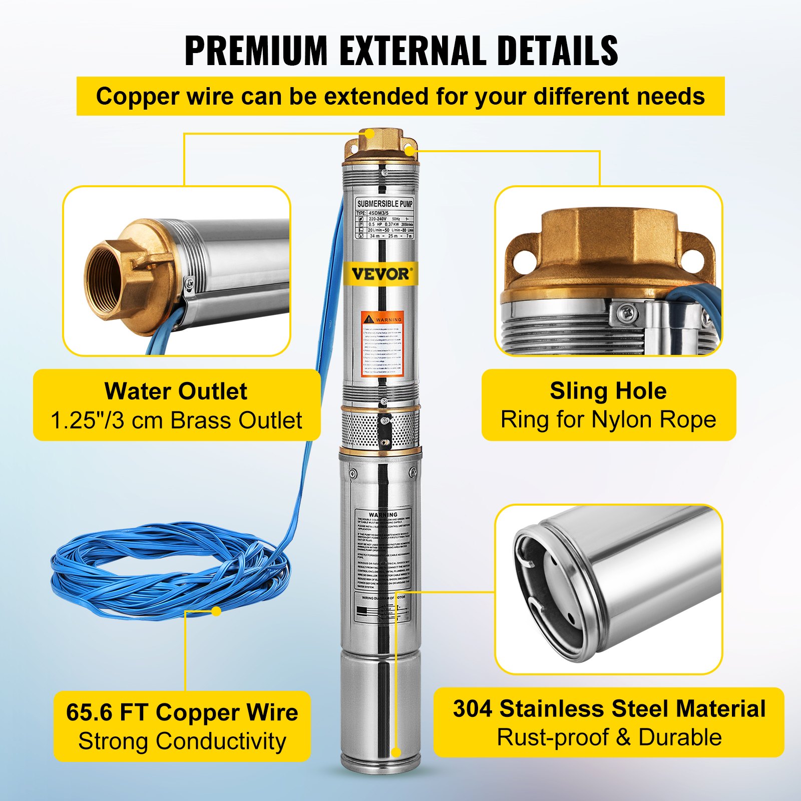0.37 Kw 0.5hp Brunnenpumpe Tiefbrunnenpumpe ø98x632mm Edestahl Gartenpumpe