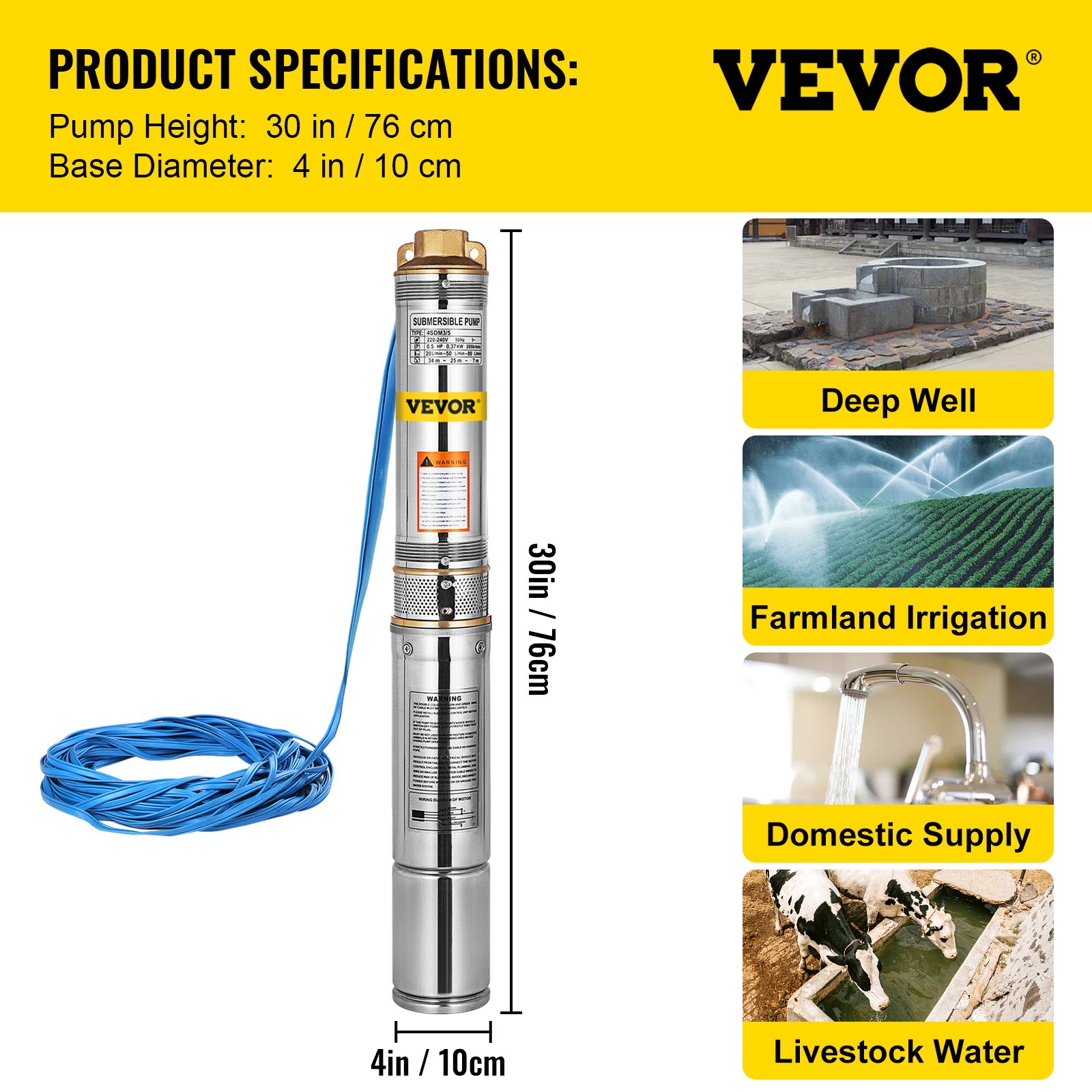 0.37 Kw 0.5hp Brunnenpumpe Tiefbrunnenpumpe ø98x632mm Edestahl Gartenpumpe