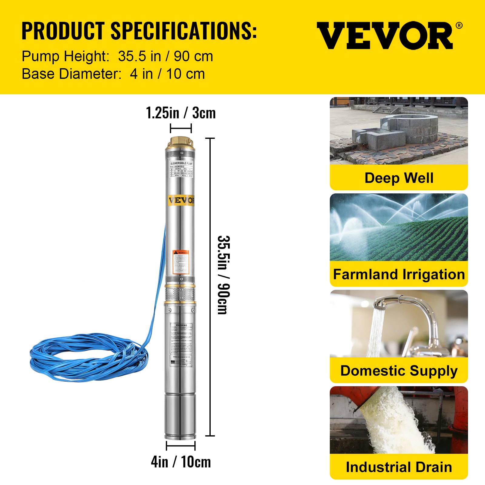 VEVOR Tiefbrunnenpumpe 0,75 kW, Tauchpumpe 6500 L / St., Tiefbrunnenpumpe aus Edelstahl, Brunnenpumpe mit 20 m Verbindungskabel, Lieferhöhe Max.69 m, Tauchdruckpumpe zur Entwässerung