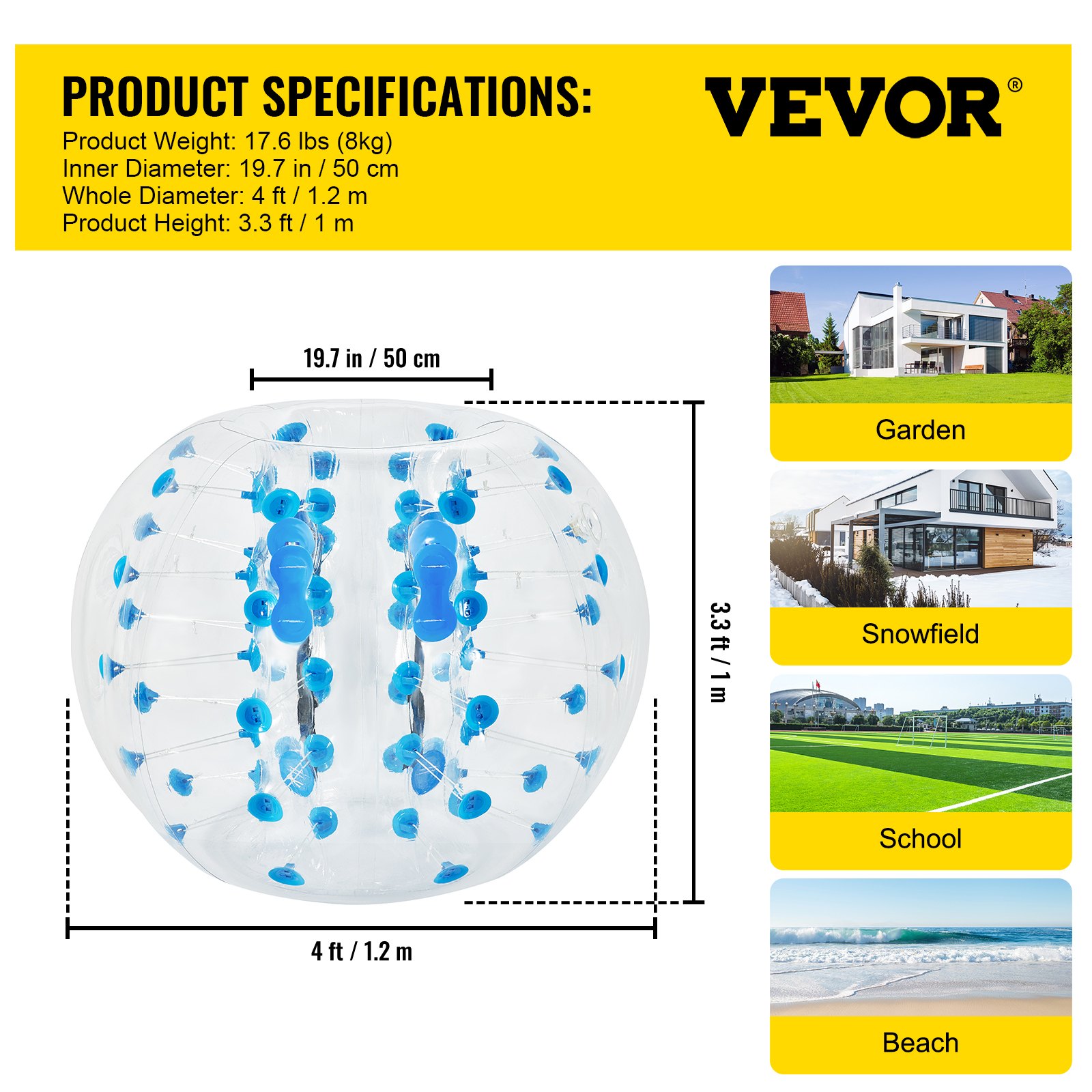 VEVOR 1,2 Meter Aufblasbar Bumper Stoßball, Aufblasbar Bumper Ball durchsichtig 8 kg Gewicht, Bubble Fußball blau PVC,Bubble Fußball Sommer im Freien Spielzeug Kinder Erwachsenen keine Pumpe