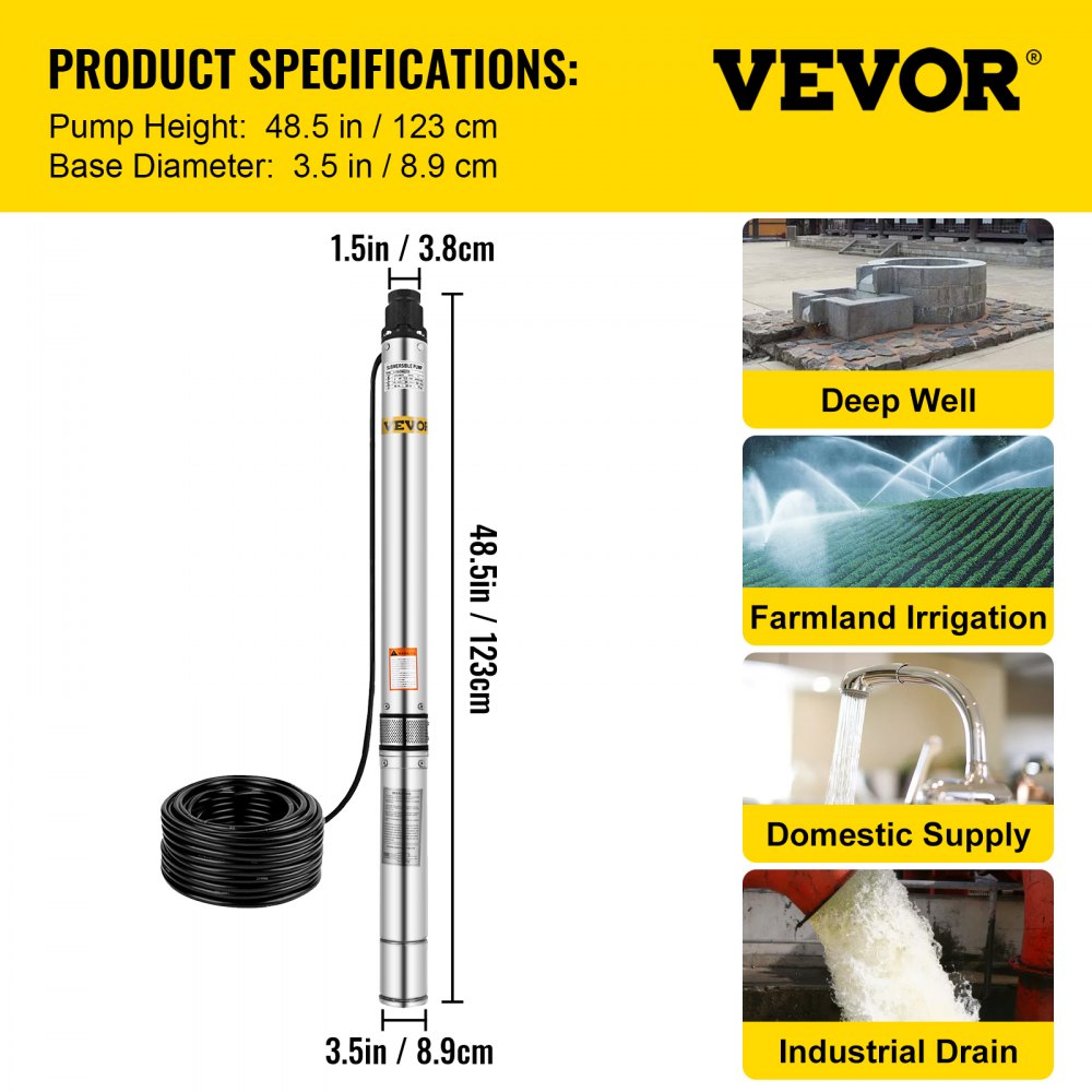 3,5" Edelstahl Tiefbrunnenpumpe Tauchpumpe 3,5zoll, 1500w, 230v, 4500 L/h, 9 Bar