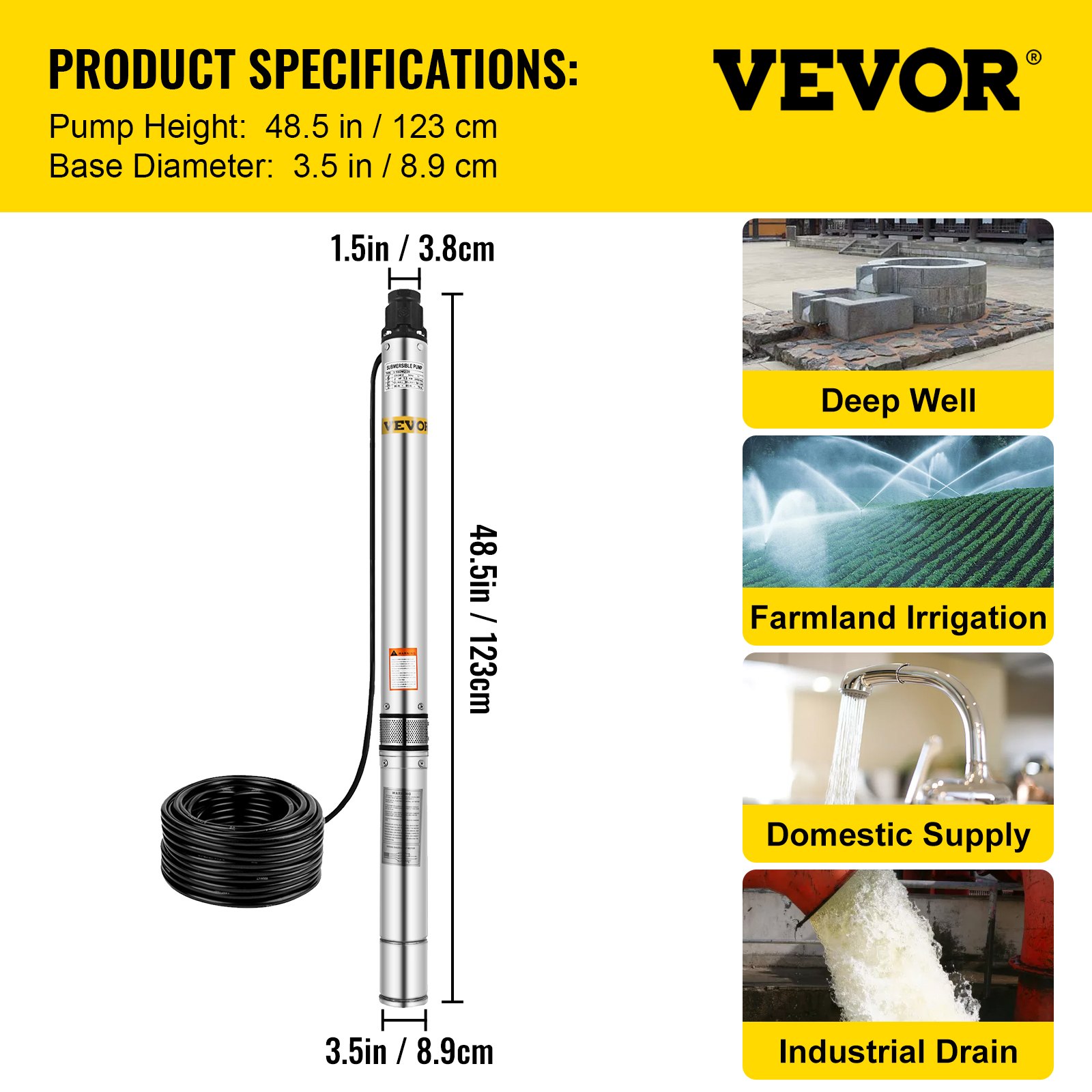 3,5" Edelstahl Tiefbrunnenpumpe Tauchpumpe 3,5zoll, 1500w, 230v, 4500 L/h, 9 Bar