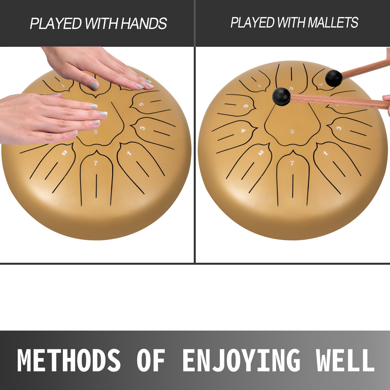 VEVOR Perkussionsinstrument 11 Tone Zungen Trommel 10 Zoll, Stahl Zungen Trommel, Hand Pan Drum mit Trommelschläger, Tragetasche, Ton Schläger für Meditation, Yoga, Sound Healing (Golden)