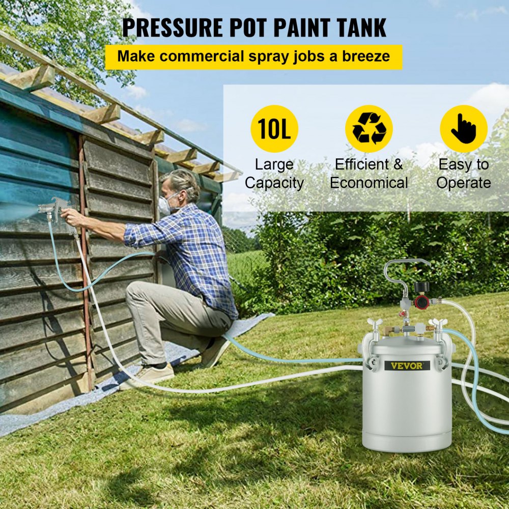 VEVOR 10 L Farbspritzpistole, 30 PSI Farbbehälter, Farbsprühsystem Lackhalter zum Auftragen von Wasserfarbe, Flecken, Lack, Lacken, feine Oberflächen für Innen- und Außenprojekte