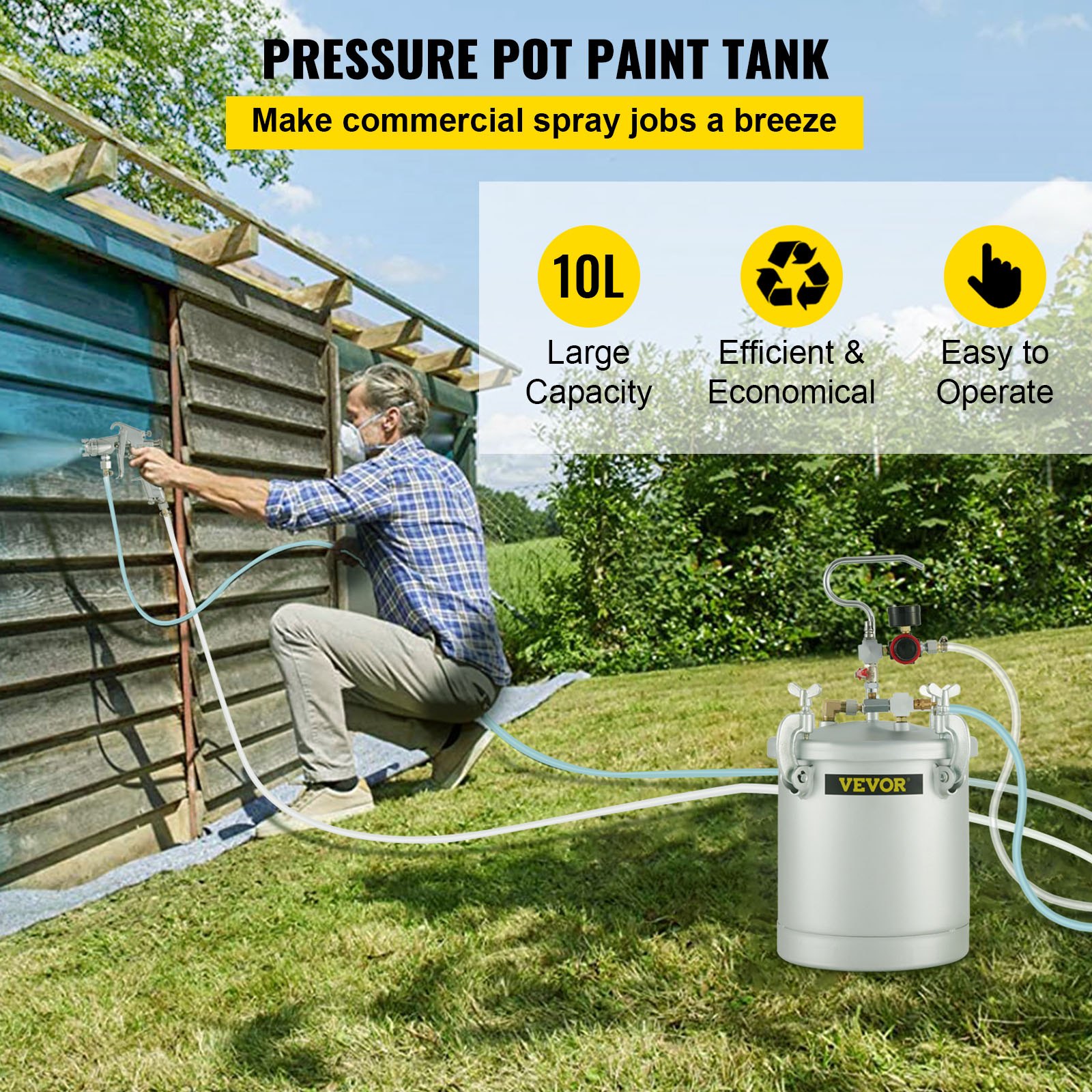 VEVOR 10 L Farbspritzpistole, 30 PSI Farbbehälter, Farbsprühsystem Lackhalter zum Auftragen von Wasserfarbe, Flecken, Lack, Lacken, feine Oberflächen für Innen- und Außenprojekte