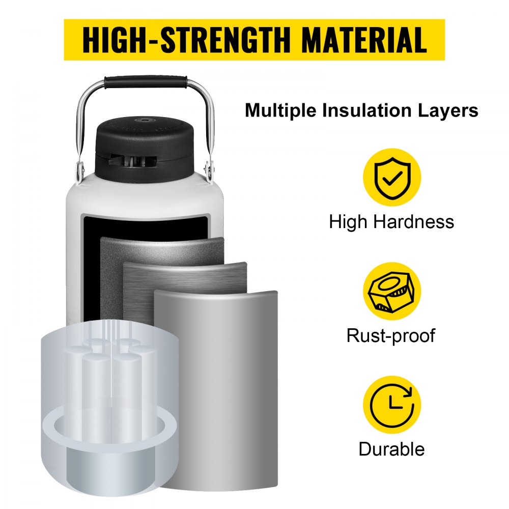 VEVOR Stickstoffbehälter 10 L, Liquid Nitrogen Container aus Luftfahrtaluminium, Liquid Nitrogen Tank mit Abschließbarer Abdeckung, PU Stöpsel, Flüssigstickstoff Tank 6 Kanister, für Medizin