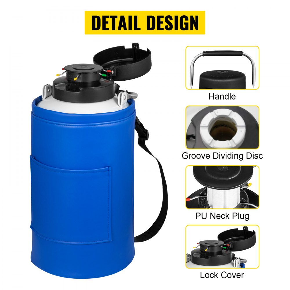 VEVOR Stickstoffbehälter 10 L, Liquid Nitrogen Container aus Luftfahrtaluminium, Liquid Nitrogen Tank mit Abschließbarer Abdeckung, PU Stöpsel, Flüssigstickstoff Tank 6 Kanister, für Medizin