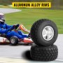 VEVOR-Gokart-Reifen mit Aluminiumfelgen neben einem Rennfahrer auf der Strecke.