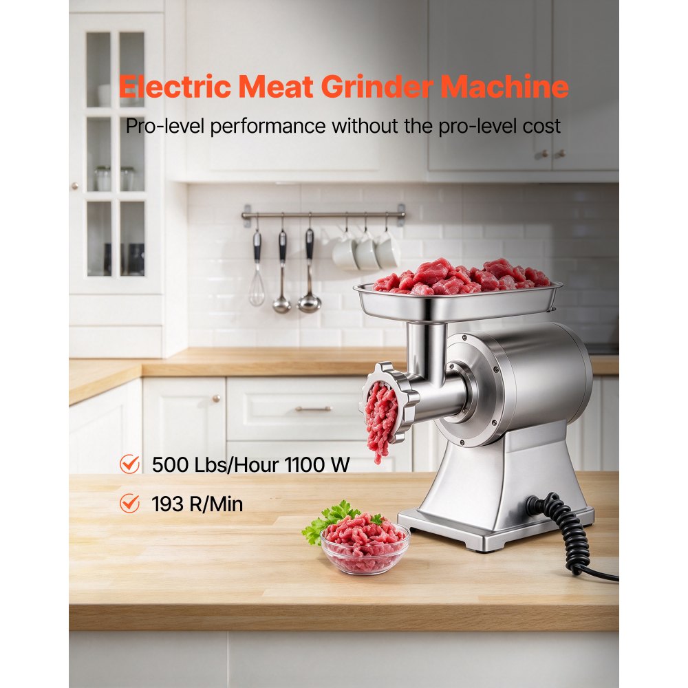 VEVOR Gewerblicher Fleischwolf Elektrisch 1100 W, 193 U/min Edelstahl-Fleischwolf Wurstfüller mit Lochscheiben und Stopfer, Hochleistungs-Fleischwolfmaschine Wurstfüllmaschine Silber