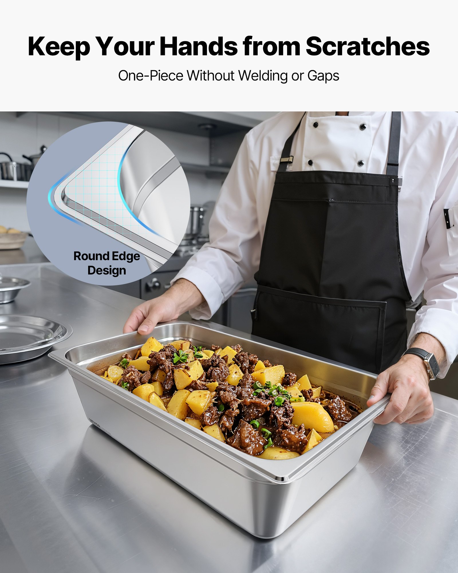 VEVOR Gastronormbehälter Hotelpfanne (volle Größe) 1 Packung 20,5 L Behälter, wiederverwendbare, rostfreie Catering-Aufbewahrung, Panierschale Speisebehälter für Party Restaurant Hotel Buffet