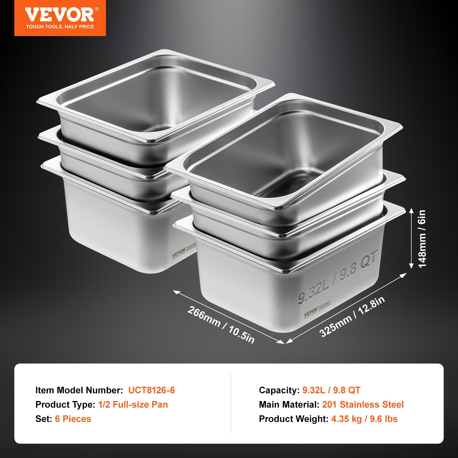 VEVOR 1/2-Größe 1/2 Gastronormbehälter, Edelstahl Behälter 6 Stk. 325 x 266 x 148 mm Speisebehälter, kommerzieller Dampfpfanne Warmhaltebehälter, Hotelpfanne Tisch Food Pan Buffet