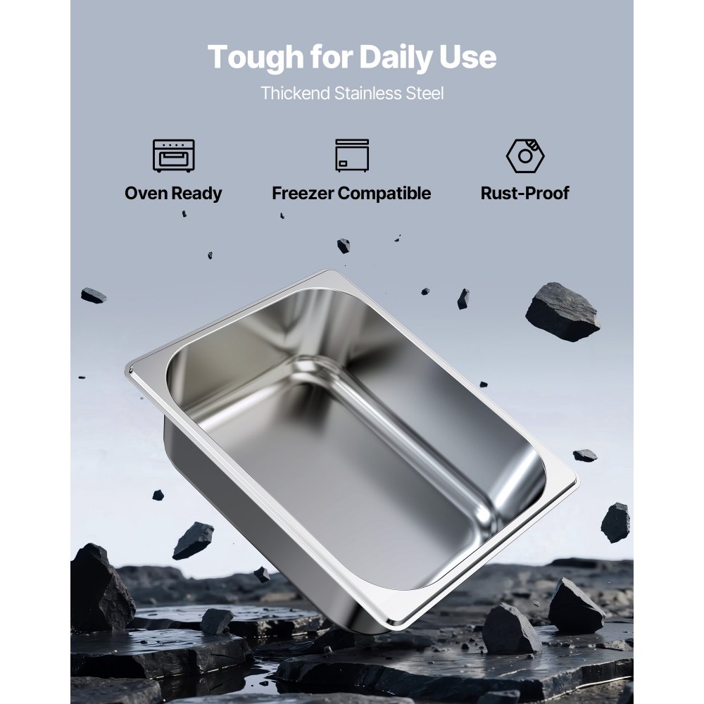 VEVOR Gastronormbehälter Hotelpfanne (1/2-Größe) 6 Stk. 6 L, wiederverwendbare Behälter (98 mm tief), rostfreie Catering-Aufbewahrung, Panierschale Speisebehälter für Party Restaurant Buffet