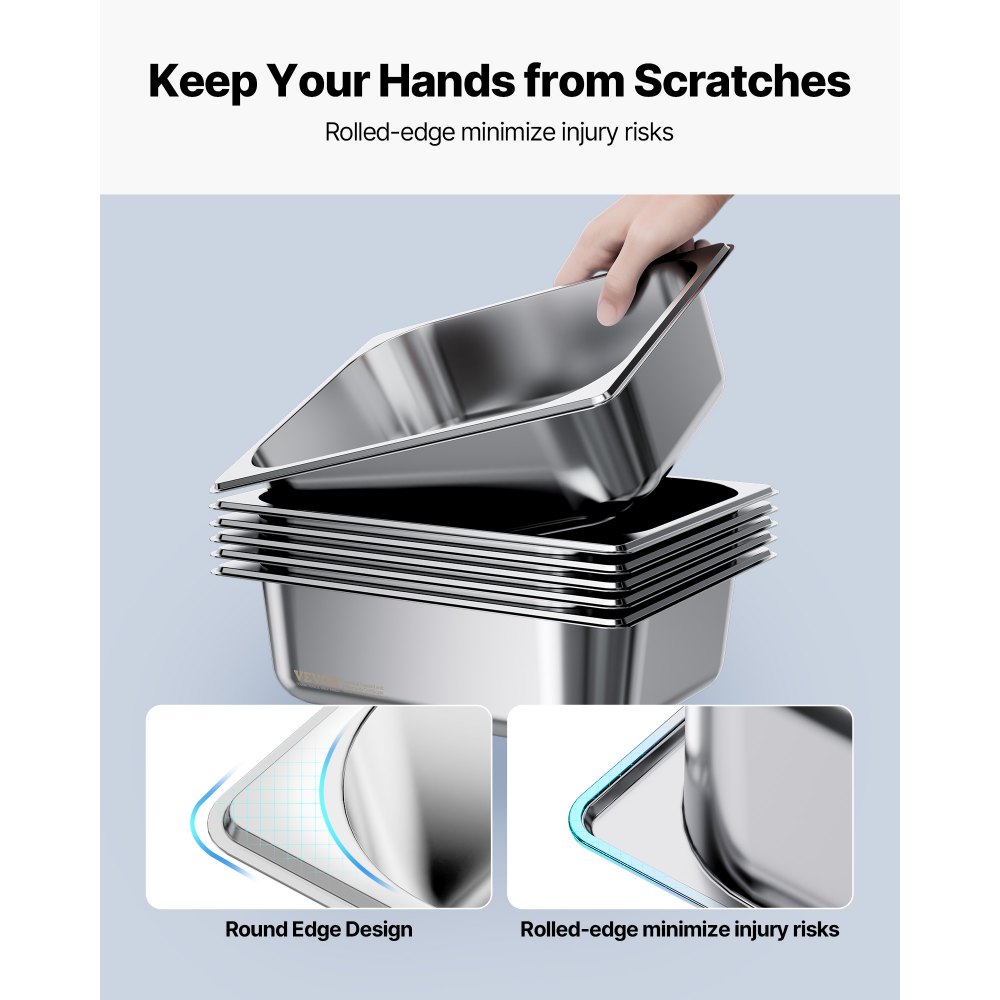 VEVOR Gastronormbehälter Hotelpfanne (1/2-Größe) 6 Stk. 6 L, wiederverwendbare Behälter (98 mm tief), rostfreie Catering-Aufbewahrung, Panierschale Speisebehälter für Party Restaurant Buffet