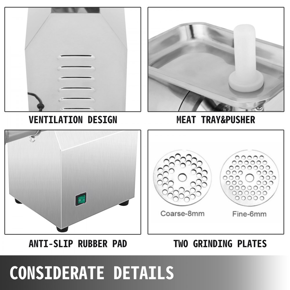 VEVOR Elektrischer Fleischwolf 850 W, Hackfleisch Maschine 122 kg pro Stunde, Elektrische Wurstmaschine 36,3 x 21,6 x 42 cm, Edelstahl Wurstmaschine 190 U/min, für Restaurant, Supermarkt, Metzgerei