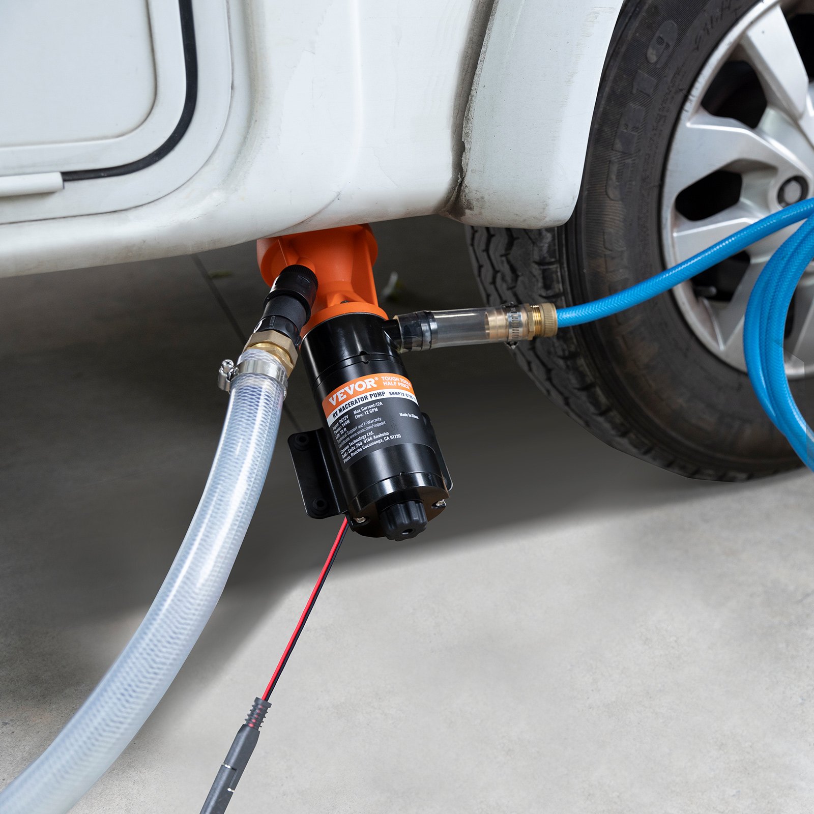 VEVOR Tragbare Schmutzwasserpumpe, 12 V, 45 L/min Abwasserpumpe, Zerkleinererpumpe mit abnehmbarem Schnellanschlussventil, Metallschlauchklemme, Netzkabel, für RV, Boot, Marine, Wohnmobil