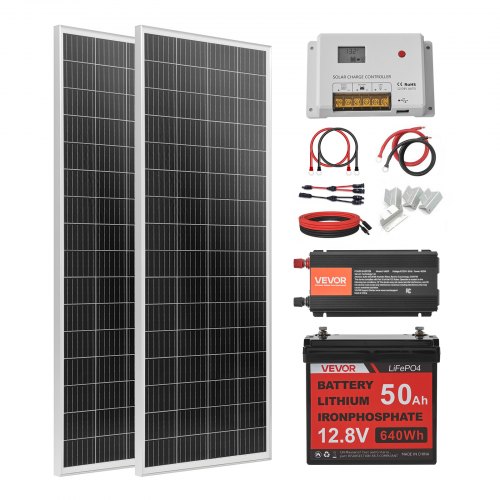VEVOR 200W Solaranlage Komplettset, Insel Solaranlage Inkl. 2 Stk. 100W Mono-Solarpanele 12,8V 50Ah LiFePO4 Stromspeicher 40A Laderegler & 12V 800W Wechselrichter, Photovoltaik Inselanlage für Heim RV