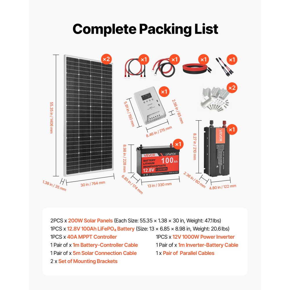 VEVOR 400W Solaranlage Komplettset, Insel Solaranlage Inkl. 2x 200W Mono-Solarpanele 12,8V 100Ah LiFePO4 Stromspeicher 40A MPPT Laderegler & 12V 1000W Wechselrichter, Photovoltaik Inselanlage für Heim