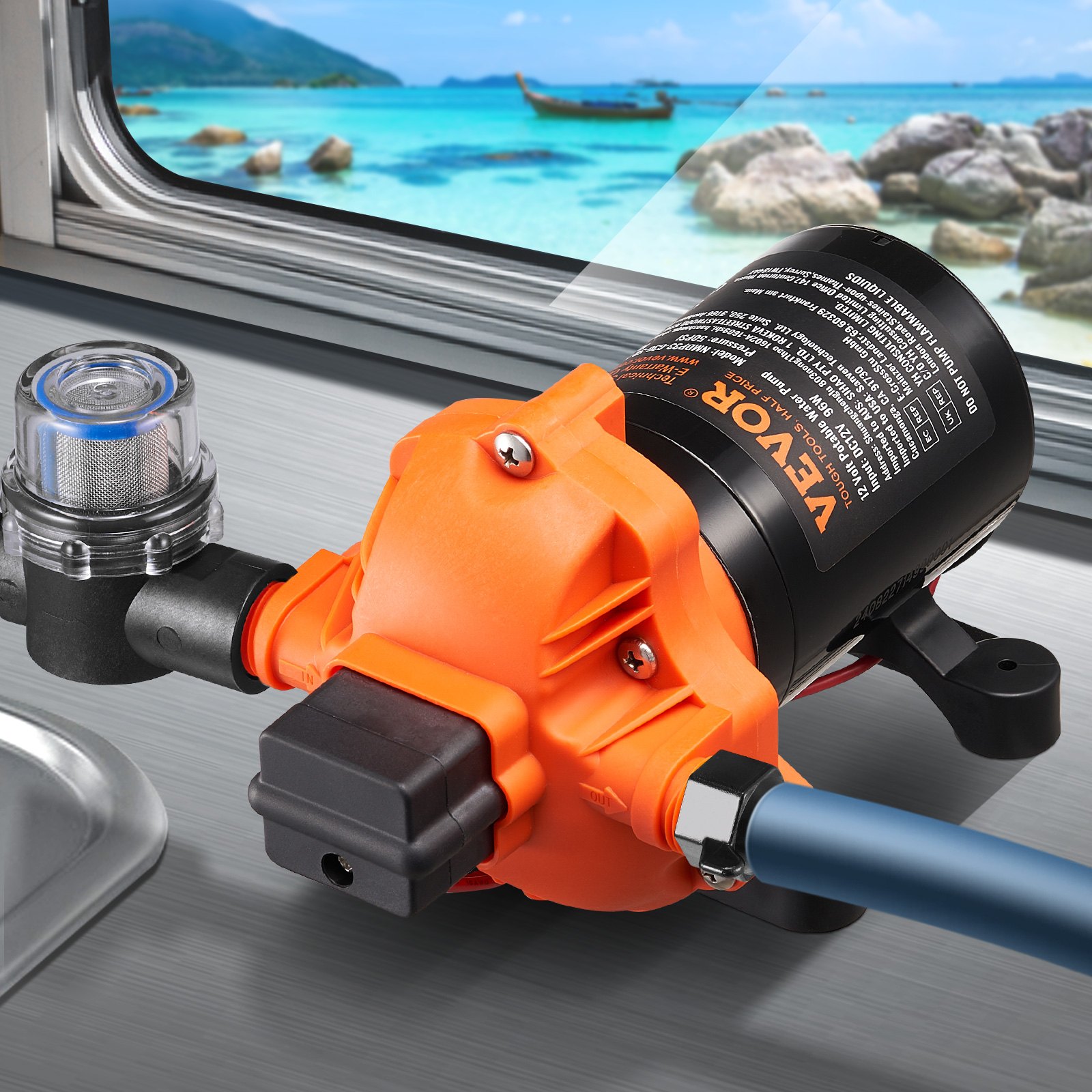 VEVOR 12-V-Membranpumpe, 11,36 L/min, 3-Kammer-DC-Wasserpumpe mit automatischem Druckschalter 40–100 PSI einstellbar, 50 PSI, 1/2 Zoll MNPT-Anschluss, für Wohnmobil, Yacht, Imbisswagen, Camper, Marine