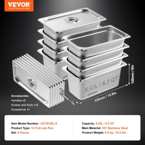 6er Pack 1/3 Größe 4" Tiefe Edelstahl Dampf Tisch Pfannen