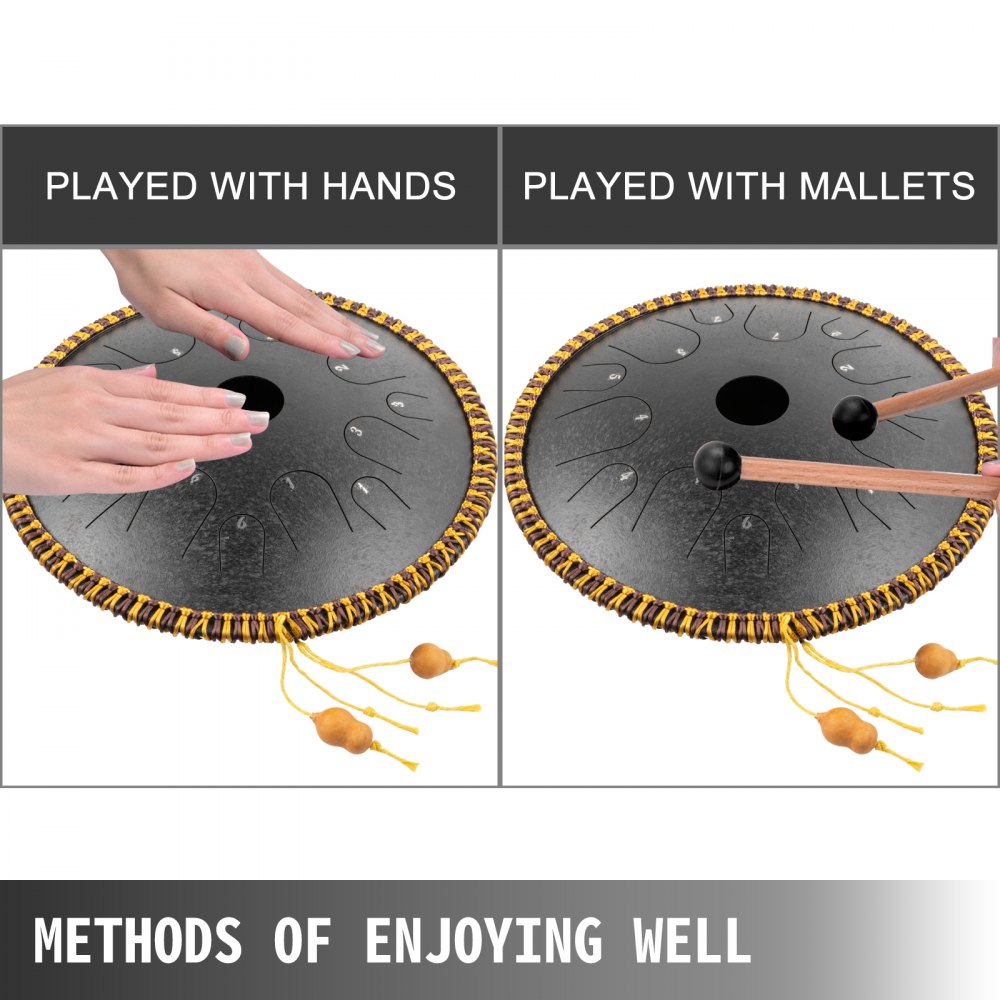 Handpan Stahlzungen Trommel 14" 14 Töne Schlaginstrument Tasche Schlägel Schwarz