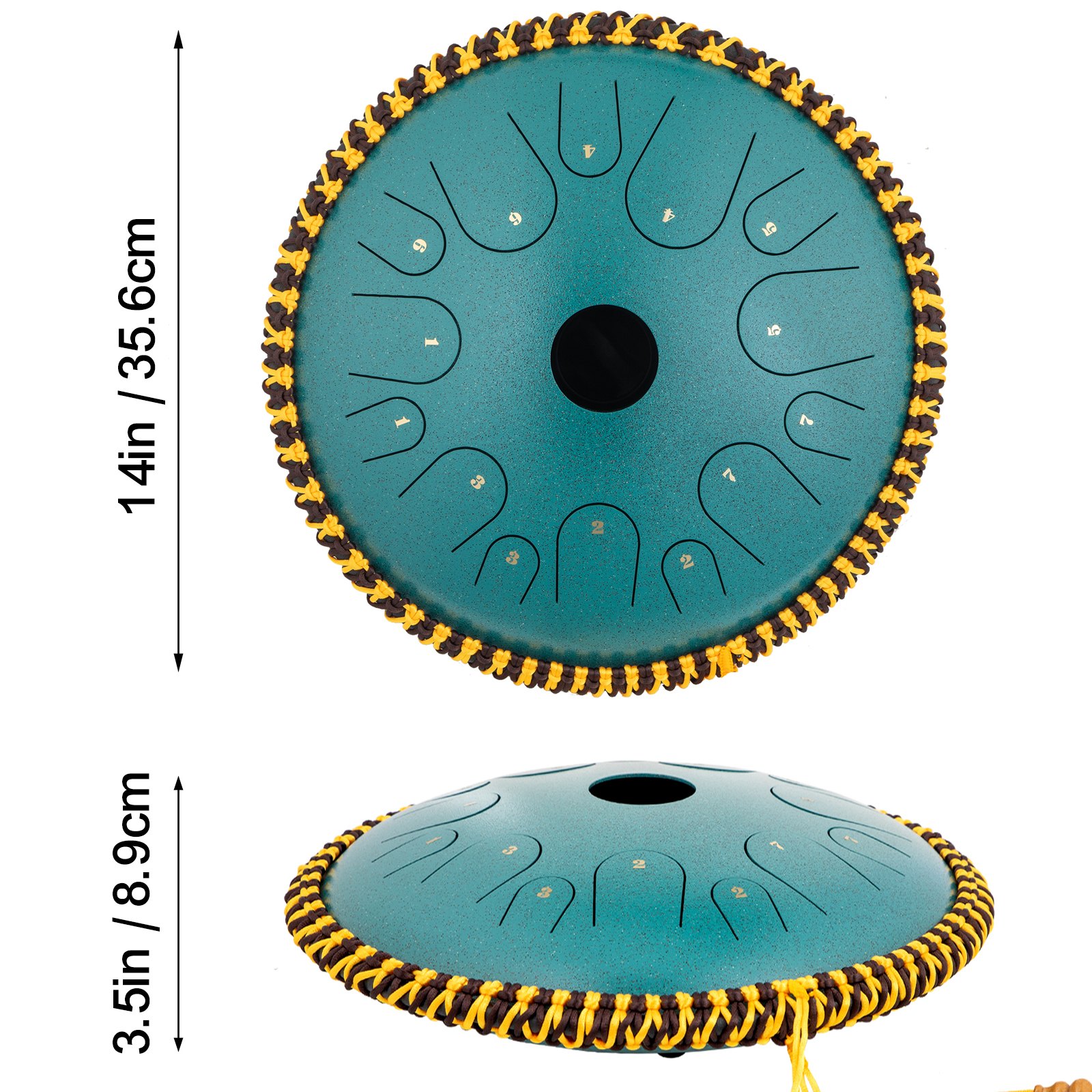 VEVOR Zungentrommel aus Stahl, Hang Drum Instrument 14 Töne, Hang Drum Instrument 36 cm, Percussioninstrument Pistolenfarbe mit Reisetasche, Musikbuch, Schlägel, Mineralgrün Tank Drum Chakra Drum