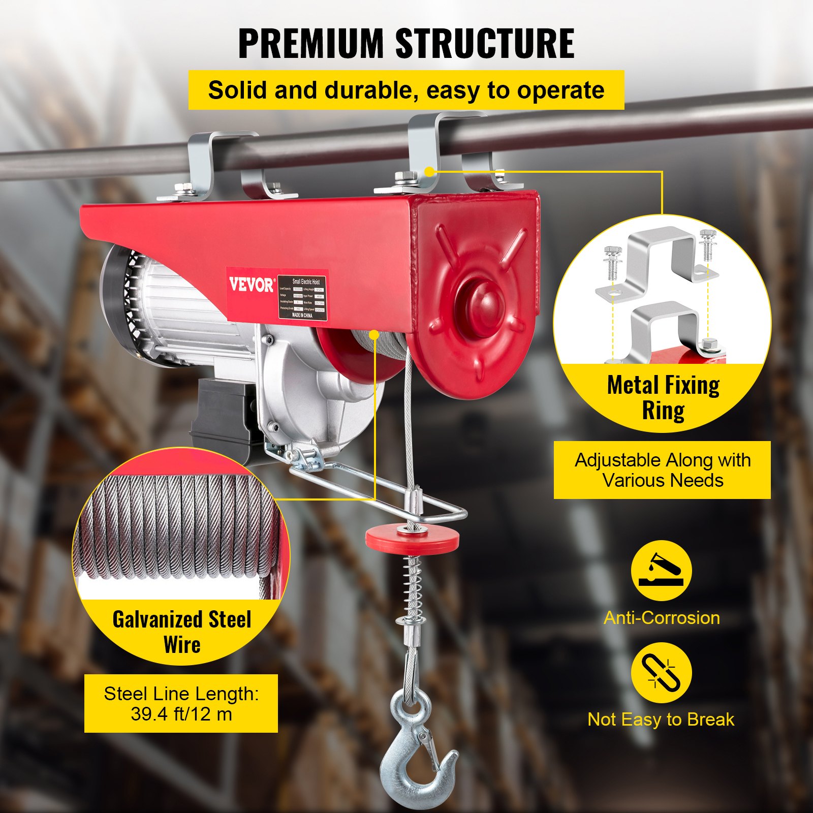VEVOR Elektrische Seilwinde 400kg bis 800kg Hubhöhe 12m Seilhebezug Motorwinde Flaschenzug Hebezug Seilhebezug Elektrischer Kettenzug mit Kabel-Fernbedienung