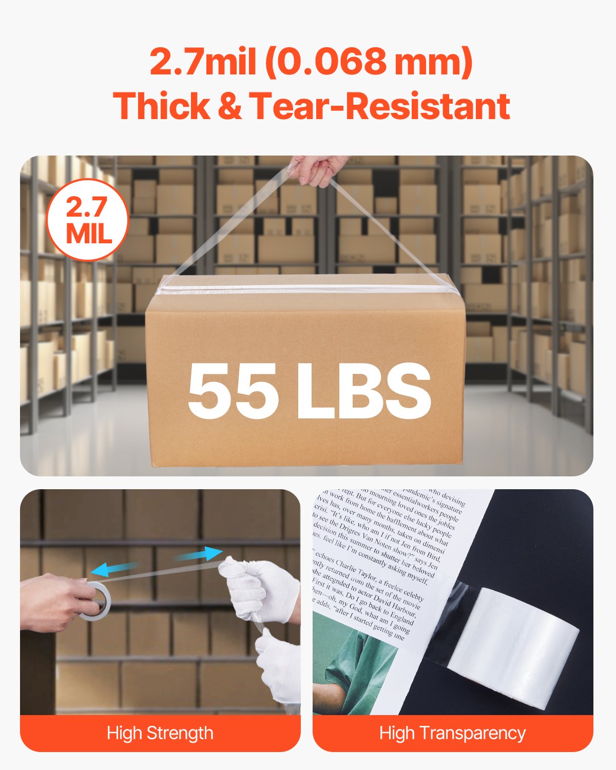 VEVOR Transparentes Packband, 38,1 mm Kern, 6er-Set 47,8 mm x 22,86 m Paketklebeband mit Spender, 0,068 mm Hochleistungs-Klebeband Ideal für Umzüge, Lagerung und Verpackung, Versand und Postversand