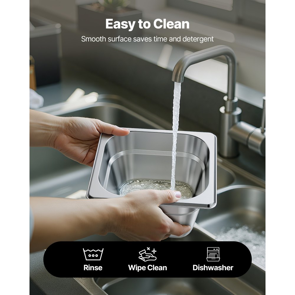 VEVOR Gastronormbehälter Hotelpfanne (1/6-Größe) 6 Stk. 1,7 L, wiederverwendbare Behälter (10 cm tief), rostfreie Catering-Aufbewahrung, Panierschale Speisebehälter für Party Restaurant Buffet