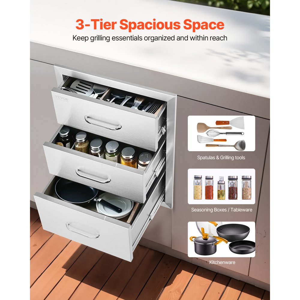 VEVOR Outdoor-Küche Edelstahl Dreifach-Zugang BBQ Schubladen mit Chrom Griff, 458 x 585 x 588 mm