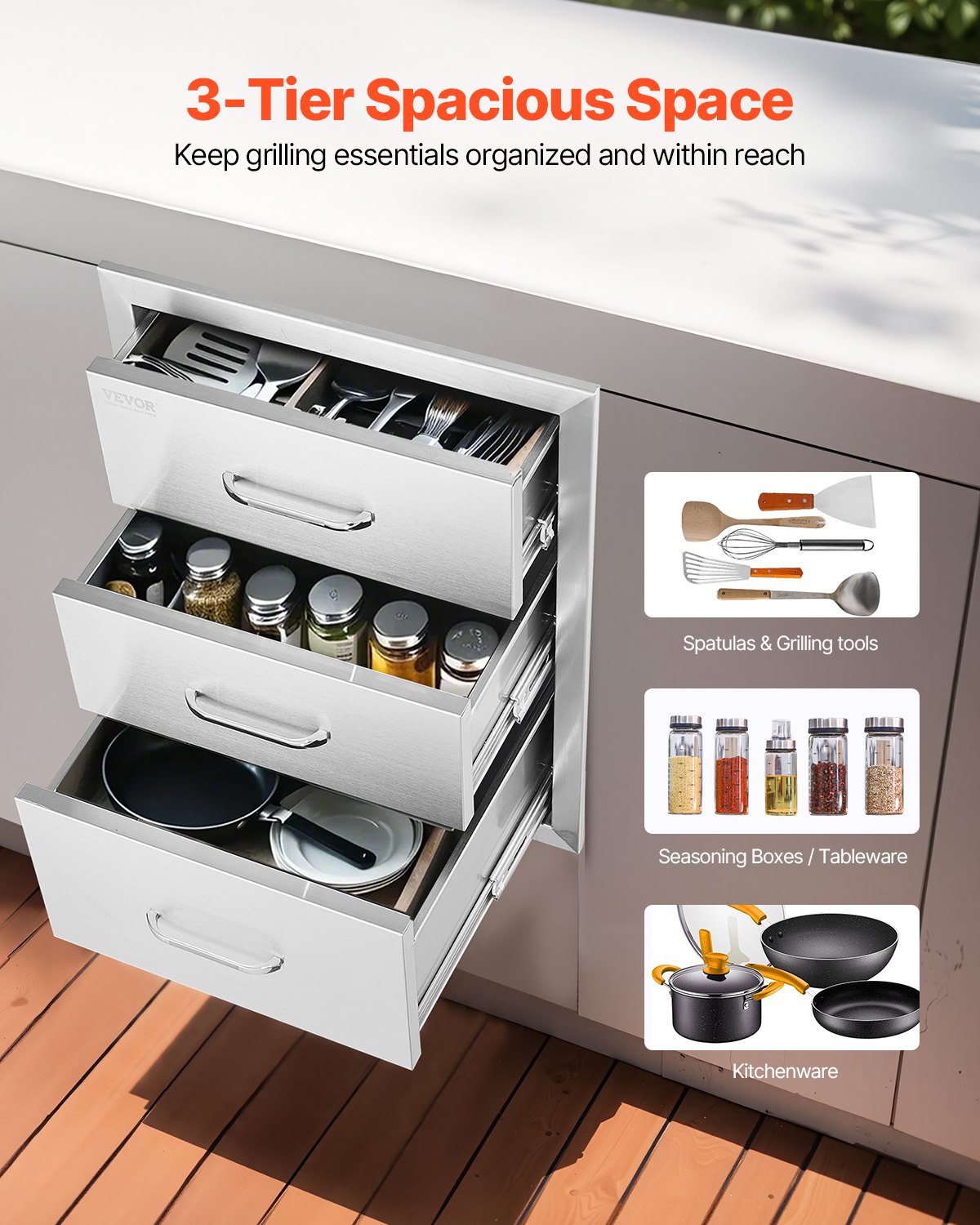 VEVOR Outdoor-Küche Edelstahl Dreifach-Zugang BBQ Schubladen mit Chrom Griff, 458 x 585 x 588 mm
