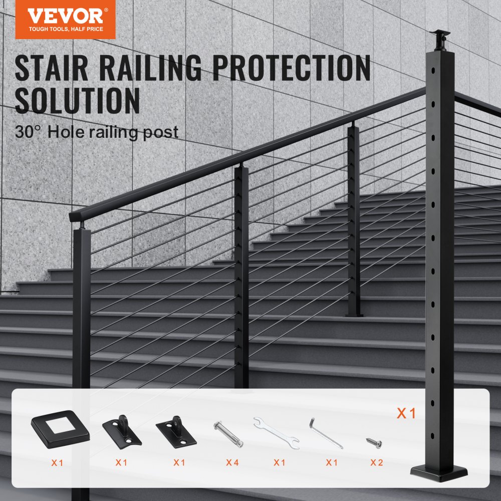 VEVOR railing post, 106.68 x 5.08 x 5.08 cm, 30° angled hole, stair railing post, 12 pre-drilled holes, SUS304 stainless steel post with curved bracket, 1 pack, 1JZLGZ106755Y9XMJV0